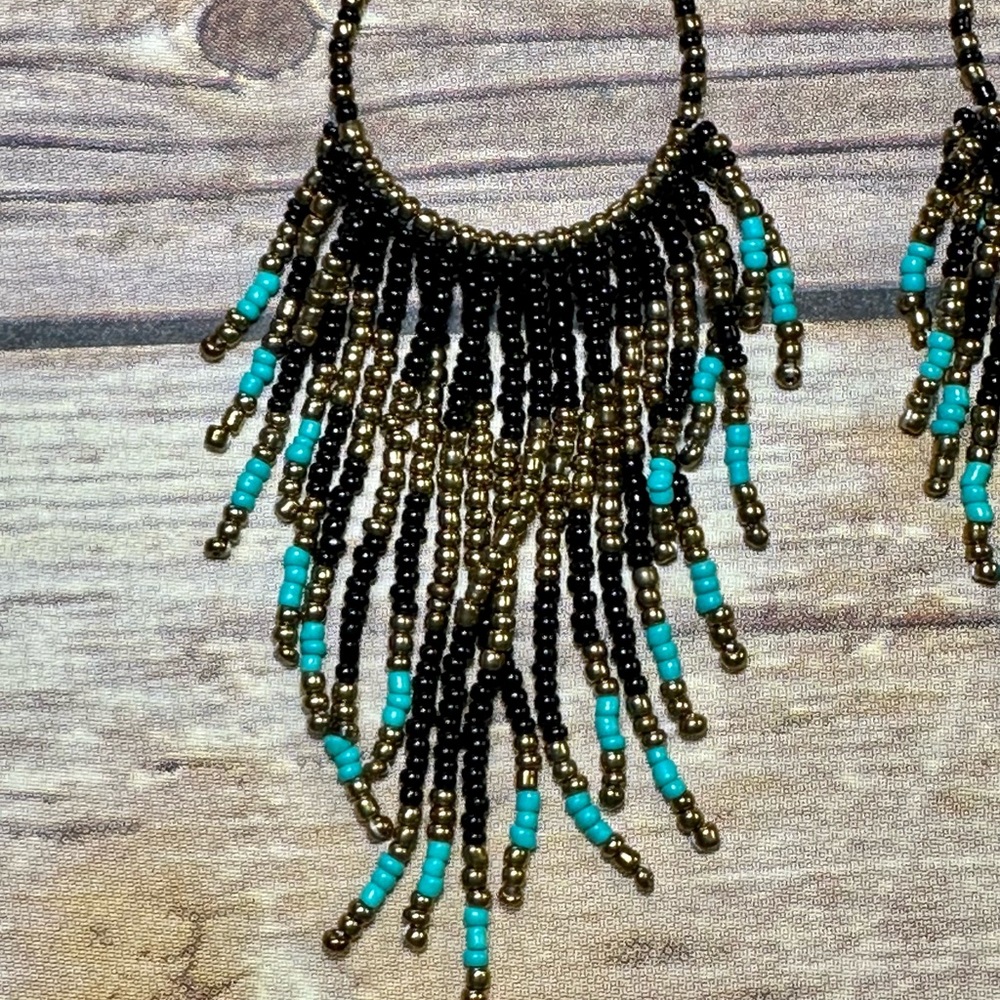Blk/gold/turquoise Beaded Earrings - Picture 3 of 5